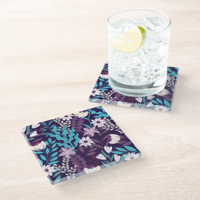 Elegant Burgundy & Blue Floral Coaster (Angled)