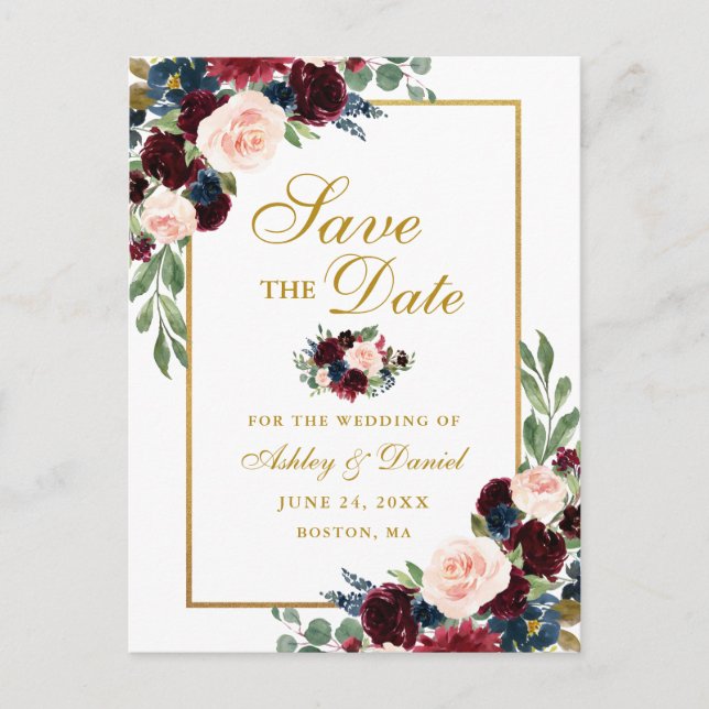 Elegant Burgundy Blue Floral Gold Save the Date Announcement Postcard (Front)