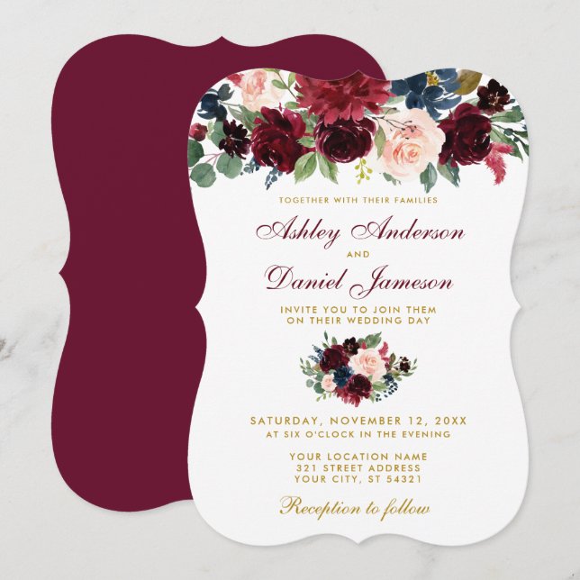 Elegant Burgundy Blue Watercolor Floral Wedding Invitation (Front/Back)