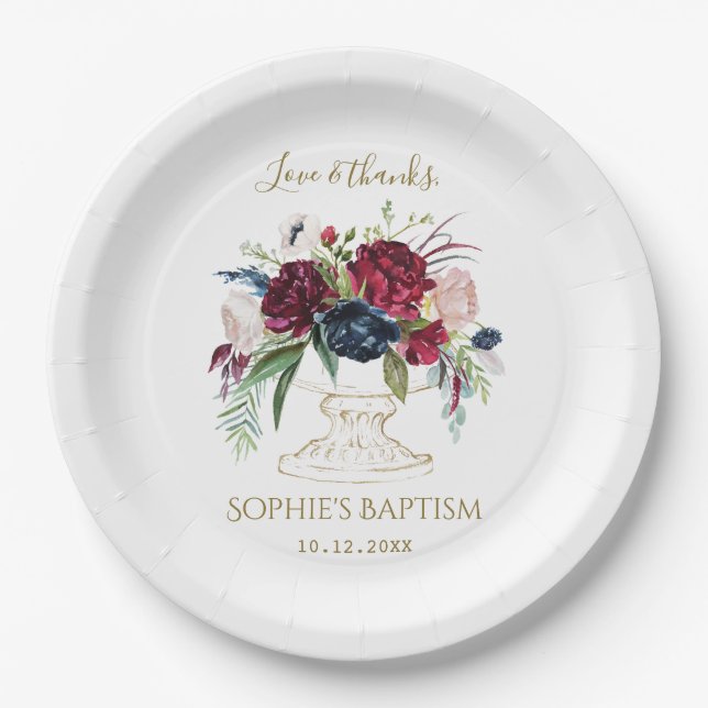 Elegant Burgundy Blue Watercolor Flowers Baptism Paper Plate (Front)
