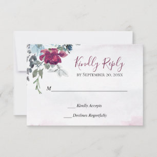 Elegant Burgundy Blue White Roses Wedding RSVP Card