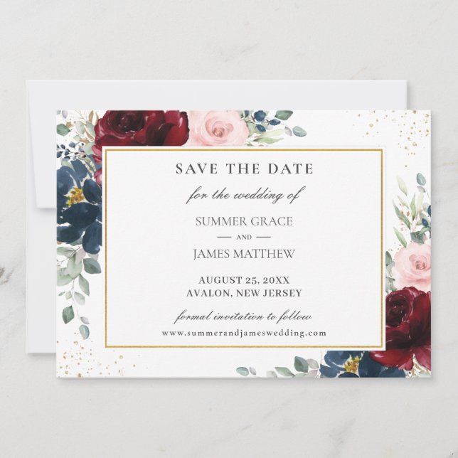 Elegant Burgundy Blush Blue Floral Roses Wedding  Save The Date (Front)