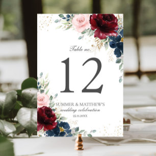 Elegant Burgundy Blush Blue Roses Floral Flowers Table Number