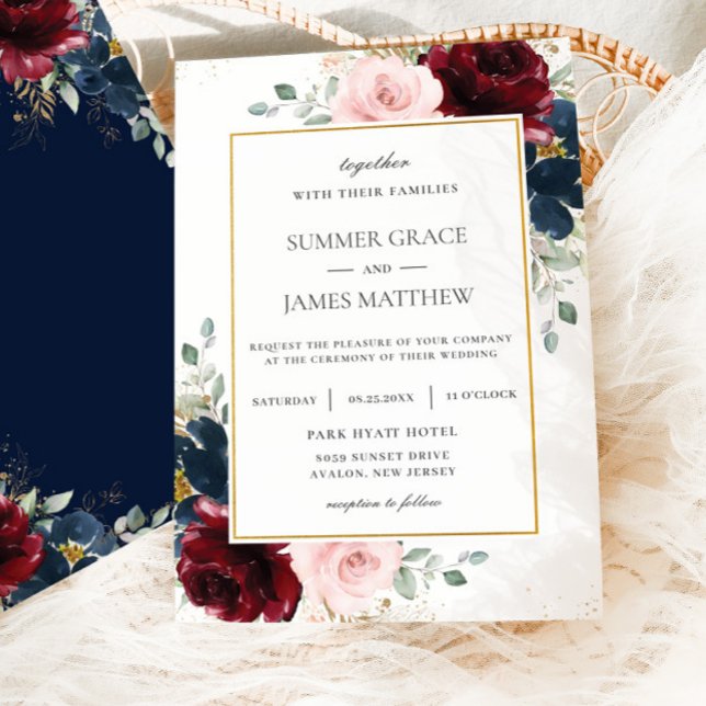 Elegant Burgundy Blush Blue Roses Floral Wedding  Invitation (Creator Uploaded)