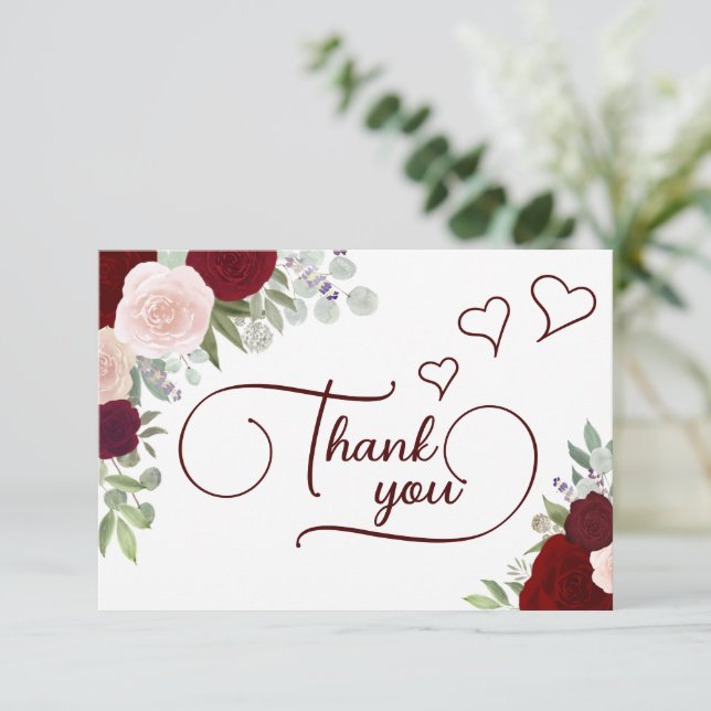 Elegant Burgundy & Blush Boho Roses Bridal Shower Thank You Card (Standing Front)