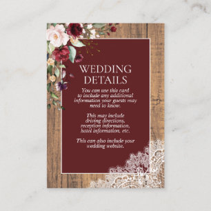 Elegant Burgundy Blush Botanical Lace Wood Details Enclosure Card