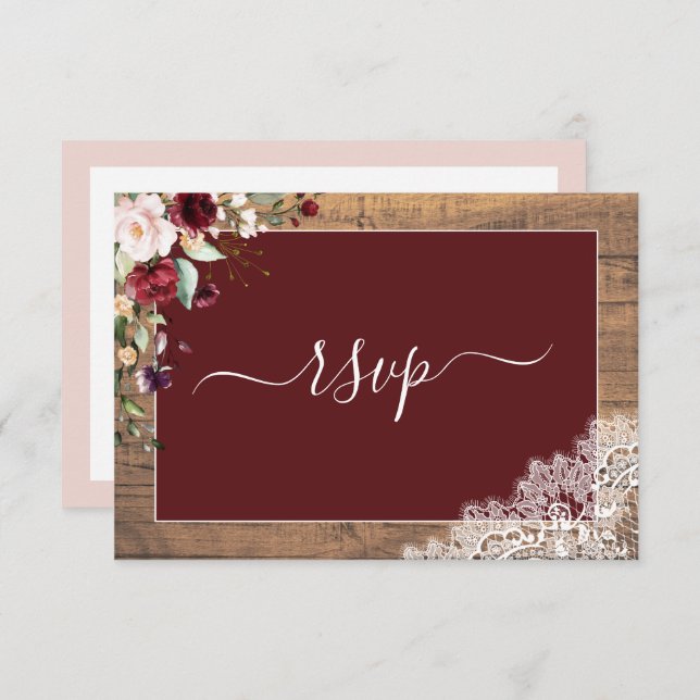 Elegant Burgundy Blush Botanical Lace Wood RSVP (Front/Back)