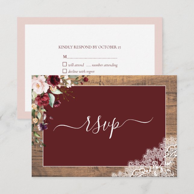 Elegant Burgundy Blush Botanical Lace Wood RSVP Card (Front/Back)