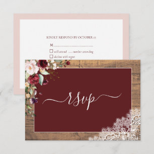 Elegant Burgundy Blush Botanical Lace Wood RSVP Card