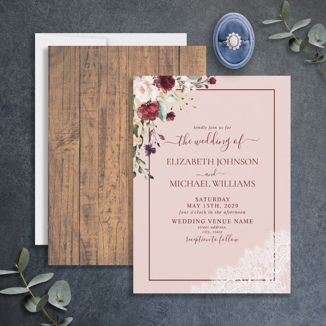 Elegant Burgundy Blush Botanical Rustic Wedding  Invitation (Creator Uploaded)