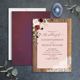 Elegant Burgundy Blush Botanical Wood Wedding Invitation