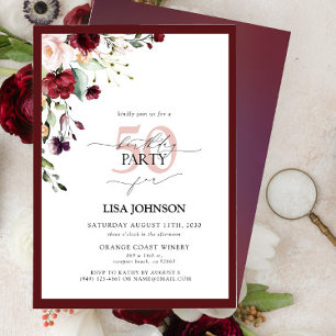 Elegant Burgundy Blush Floral 50th Birthday Invitation