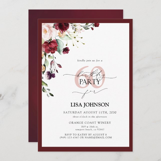 Elegant Burgundy Blush Floral 60th Birthday Invitation (Front/Back)