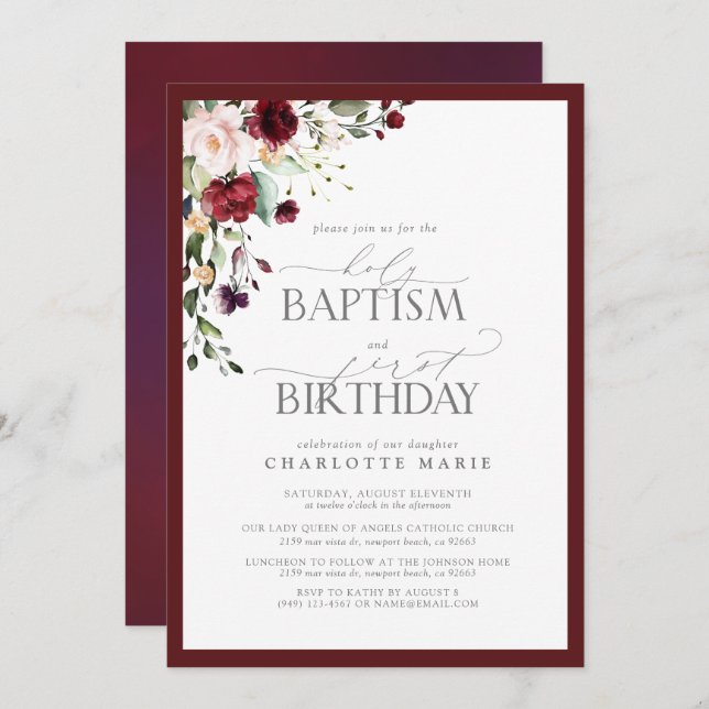 Elegant Burgundy Blush Floral Baptism 1st Birthday Invitation (Front/Back)