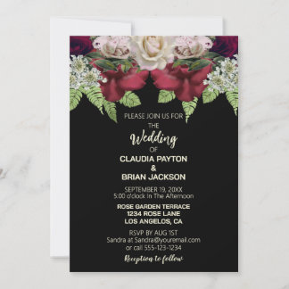Elegant Burgundy Blush Floral Black Wedding Invitation