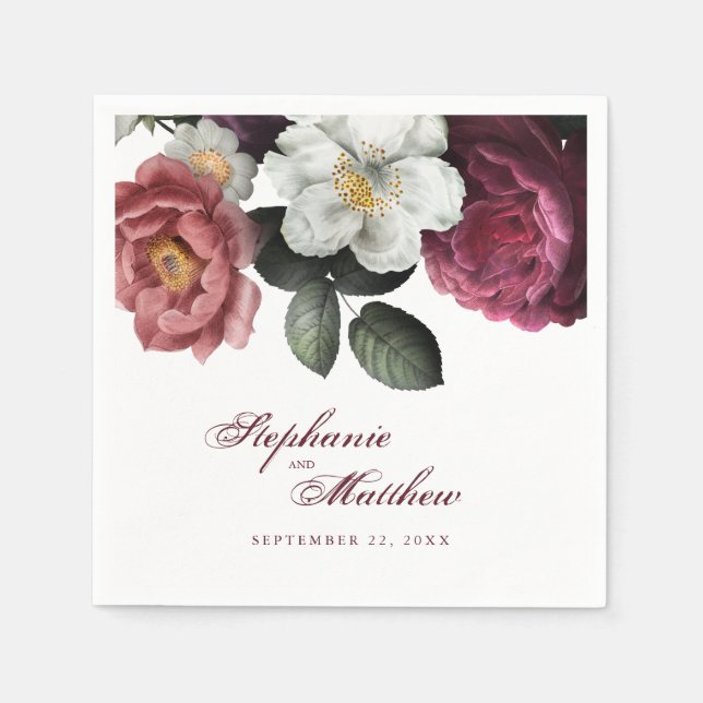 Elegant Burgundy Blush Floral Botanical Wedding Napkin (Front)
