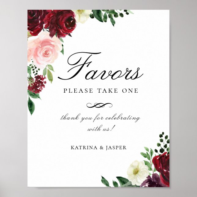 Elegant Burgundy Blush Floral Favor Wedding Sign (Front)