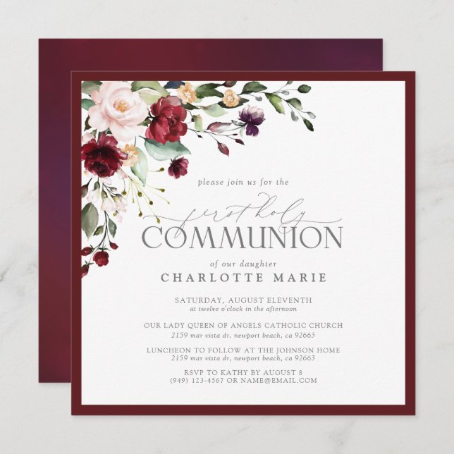 Elegant Burgundy Blush Floral First Holy Communion Invitation (Front/Back)