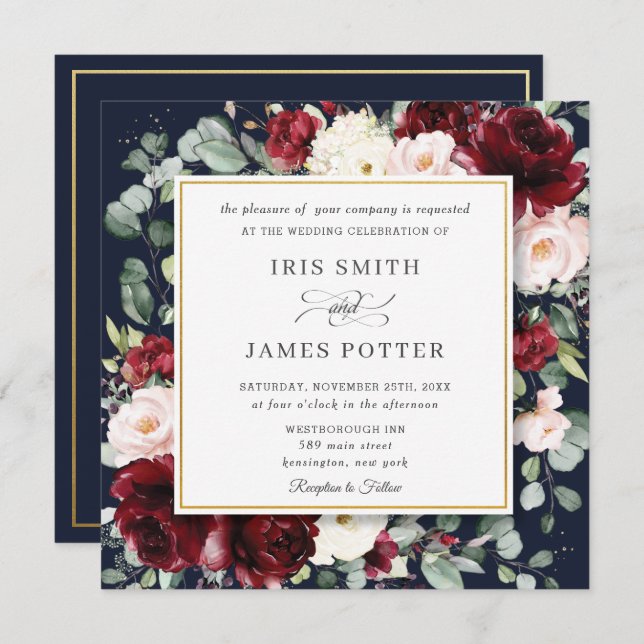Elegant Burgundy Blush Floral Navy Wedding Square Invitation (Front/Back)