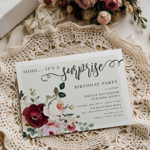 Elegant Burgundy & Blush Floral Surprise Birthday Invitation
