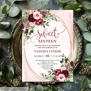 Elegant Burgundy Blush Floral Sweet Sixteen Invite