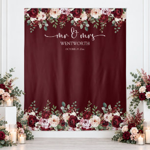 Elegant Burgundy Blush Floral Wedding Backdrop Tapestry
