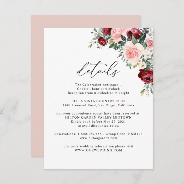 Elegant Burgundy Blush Floral Wedding Details Enclosure Card (Front/Back)