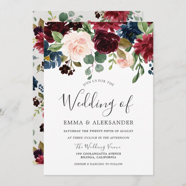 Elegant Burgundy & Blush Floral Wedding Invitation (Front/Back)