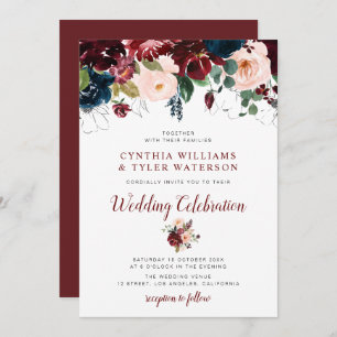 Elegant burgundy & blush floral wedding invitation