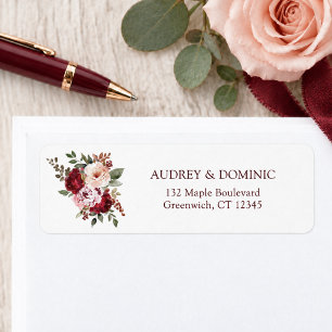 Elegant Burgundy Blush Floral Wedding Return Address Label