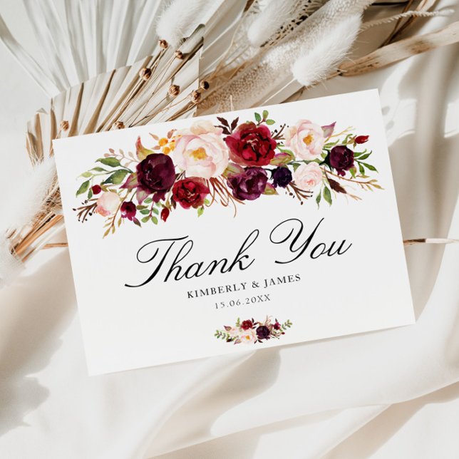 Elegant burgundy & blush floral wedding thank you postcard (Creator Uploaded)