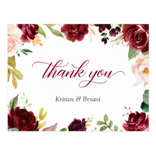 Elegant Burgundy Blush Floral Wedding Thank You Postcard