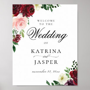 Elegant Burgundy Blush Floral Wedding Welcome Poster