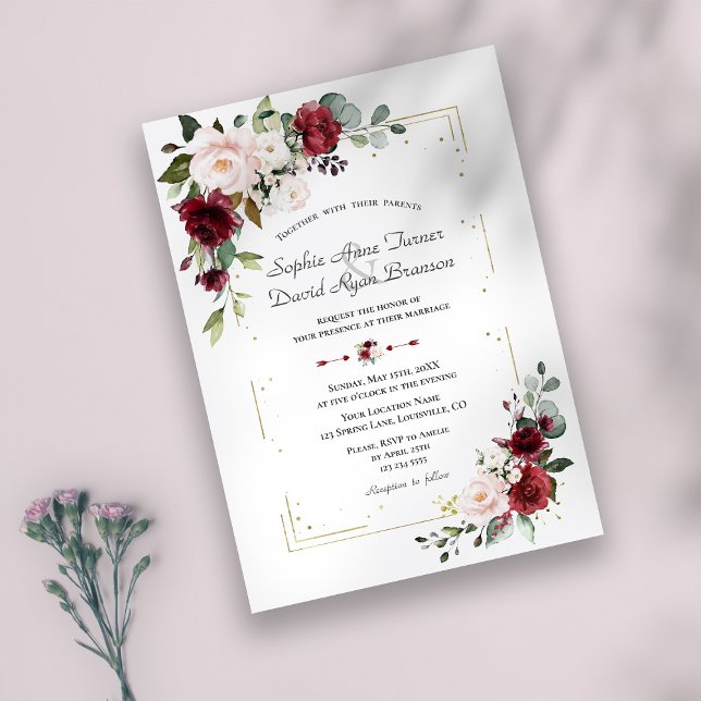 Elegant Burgundy Blush Flowers Gold Wedding  Invitation (Creator Uploaded)