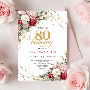 Elegant Burgundy Blush Gold 80th Birthday Invite