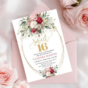 Elegant Burgundy Blush Gold Floral Sweet Sixteen  Invitation