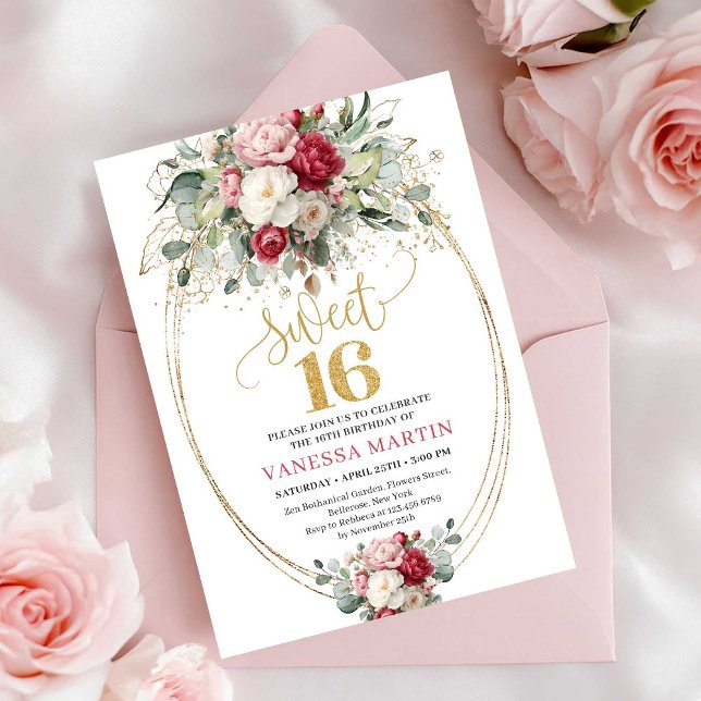 Elegant Burgundy Blush Gold Floral Sweet Sixteen  Invitation (Elegant Burgundy Blush Gold Floral Sweet Sixteen Invite)