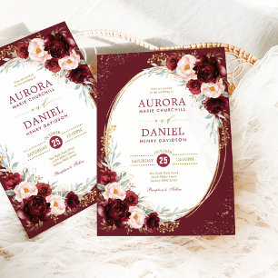 Elegant Burgundy Blush Gold Flowers Wedding Invitation