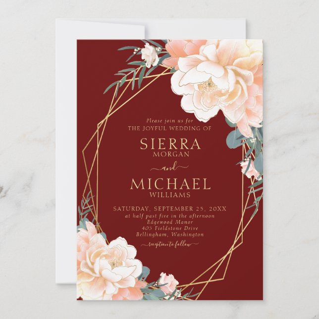 Elegant Burgundy Blush Gold Peach Floral Wedding Invitation (Front)