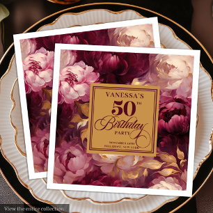 Elegant Burgundy Blush Gold Roses 50th Birthday Napkin