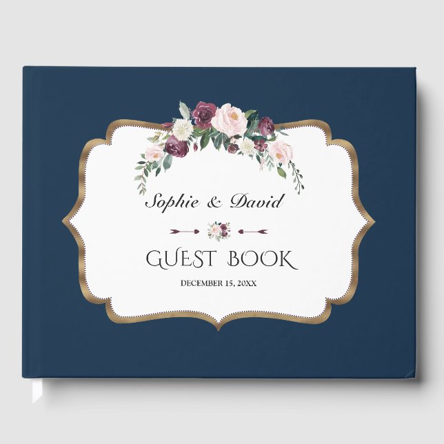 Elegant Burgundy Blush Ivory Floral Gold Wedding Guest Book (Front)