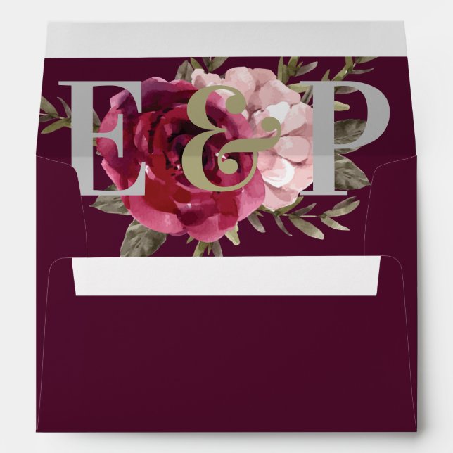 Elegant Burgundy Blush Monogram Floral Wedding Env Envelope (Back (Bottom))