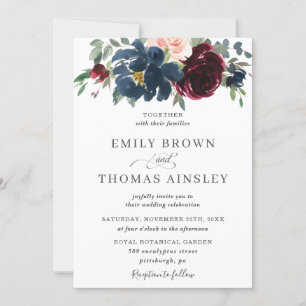 Elegant Burgundy Blush Navy Blue Floral Wedding Invitation