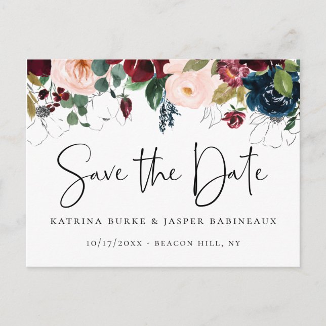 Elegant Burgundy Blush Navy Floral Save the Date Announcement Postcard (Front)