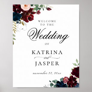 Elegant Burgundy Blush Navy Floral Wedding Welcome Poster