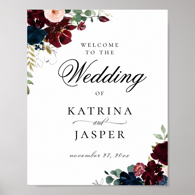 Elegant Burgundy Blush Navy Floral Wedding Welcome Poster (Front)
