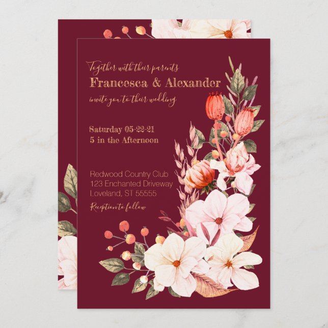Elegant Burgundy Blush Orange Floral Wedding Invitation (Front/Back)