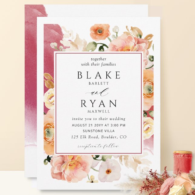 Elegant Burgundy, Blush, Peach Botanical Wedding Invitation (Creator Uploaded)