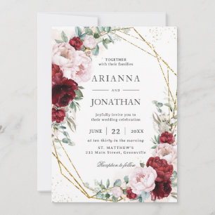 Elegant Burgundy Blush Peonies Floral Gold Wedding Invitation