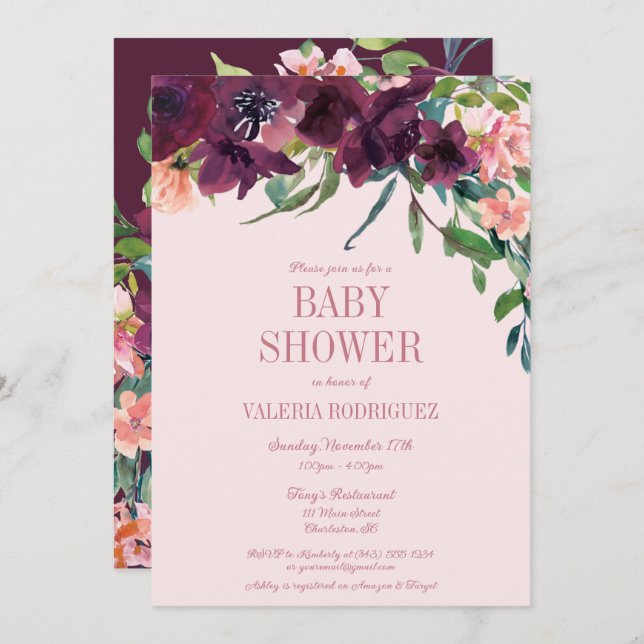 Elegant Burgundy Blush Pink Floral Baby Shower Invitation (Front/Back)